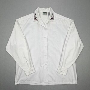 Vintage Separate Issue Womens White Embroidered Floral Collar Button Blouse Lg